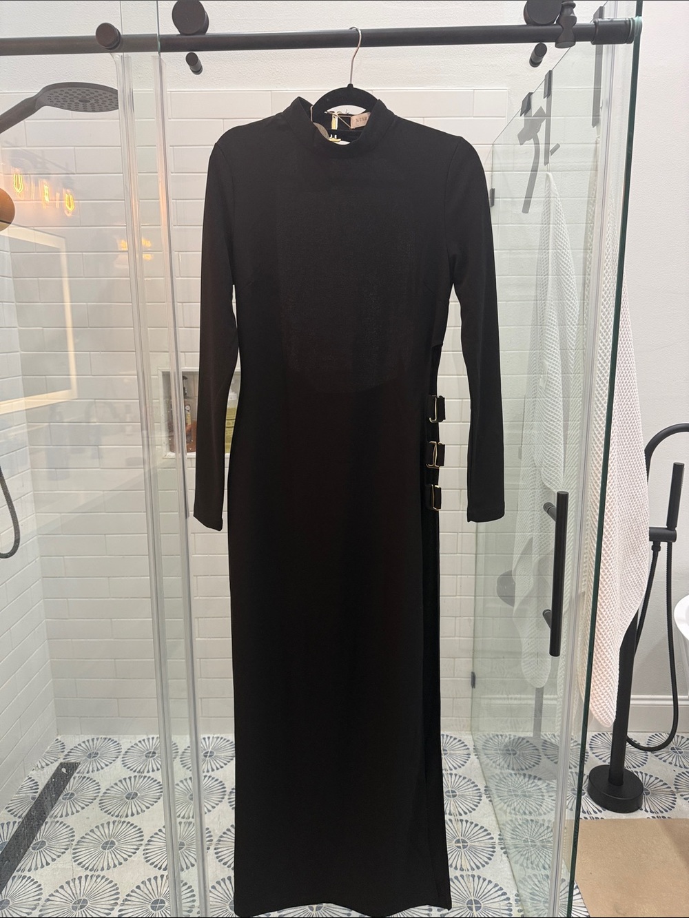 Meshki Black Long Sleeve Midi Dress with Side Buckles